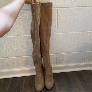 Thigh High Nude Suede Heels with tie top size 8